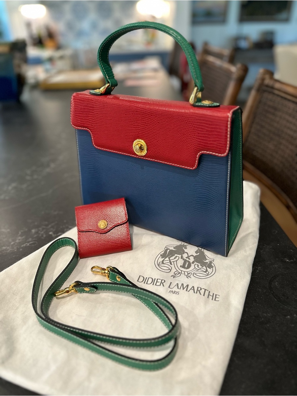 Didier Lamarthe Vintage Structured Leather Satchel in Red, Blue & Green